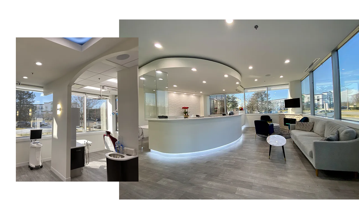 The image depicts an interior space that appears to be a modern, open-concept office or waiting area with furniture and decor.