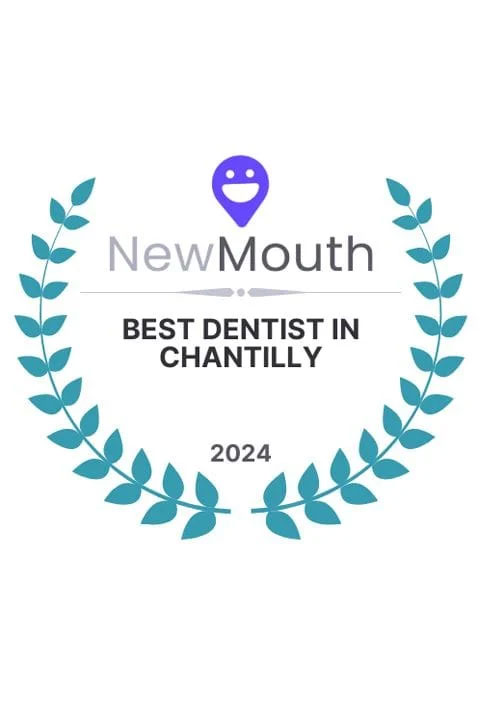 The image features a logo for  NewMouth,  which is identified as the  Best Dentist in Chantilly  in 2021, with a laurel wreath and the text  Best Dentist in Chantilly.